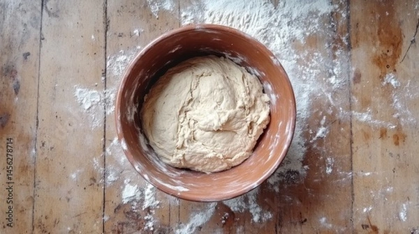 Fototapeta Top-down view of bread dough being mixed in a ceramic bowl with flour scattered on a wooden countertop