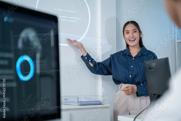 Fototapeta software developer talk strategy plan to executive write prompt AI bot IT app program data analytics in tech startup office.Projected visuals and glowing code on screen.AI chatbot technology concept