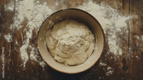 Fototapeta Top-down view of bread dough being mixed in a ceramic bowl with flour scattered on a wooden countertop