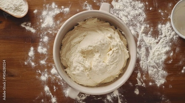 Fototapeta Top-down view of bread dough being mixed in a ceramic bowl with flour scattered on a wooden countertop