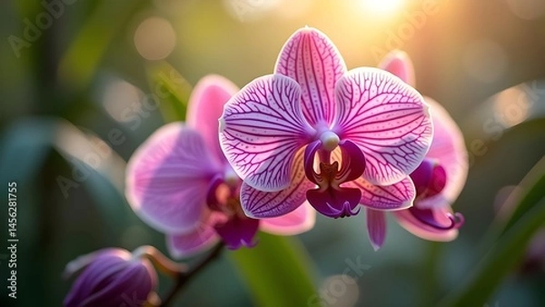 Obraz Exotic Pink Orchid Blossoms in Natural Light: A Close-Up of Blooming Tropical Flora
