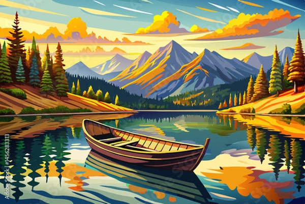 Fototapeta wooden canoe resting by the edge of a calm lake, reflecting pristine mountain peaks and lush pine forests under peaceful natural light vector. Ideal for outdoor adventure, travel, nature serenity