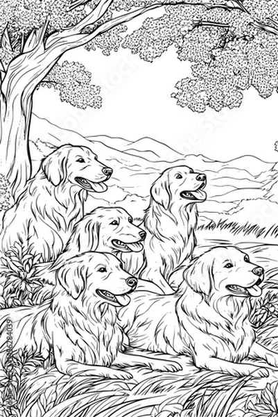 Fototapeta Dogs Playing On Open Lawn, coloring book style, vector design