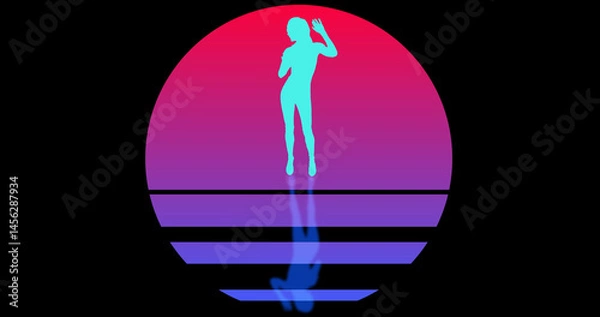 Fototapeta Silhouette woman dancing against the backdrop of sunset, Animation. Video pattern for beach theme, rest, vacation, travel, night club.