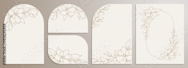 Fototapeta Luxury arch wedding invitation card, label with golden botanical leaves, flowers. Abstract floral art background vector design for wedding, business, birthday, postcards, covers. Line art style.