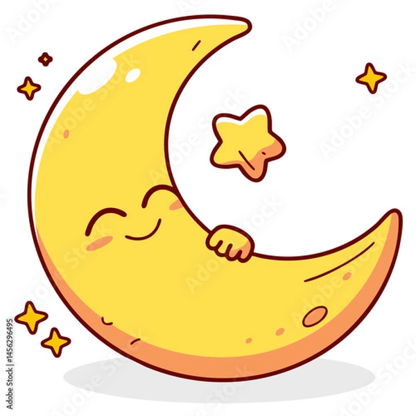 Obraz Happy cute crescent moon and star, doodle cartoon character, kawaii isolated clean and simple children vector illustration, Eid Mubarak
