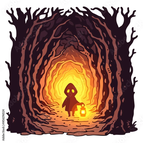 Obraz Mystery person in a hooded cloak with oil lamp lantern standing on a road in a dark black spooky forest tunnel at night, doodle cartoon character, kawaii isolated cute and simple vector illustration