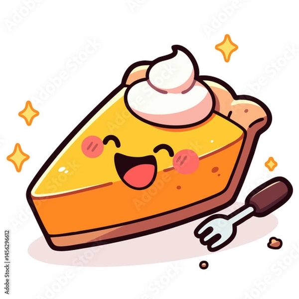 Obraz Happy cheerful slice of cake with cream and fork, backed single pie slice, cheesecake, doodle cartoon character, kawaii isolated cute clean and simple vector illustration