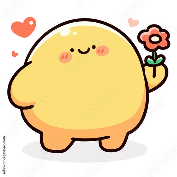 Obraz Cute shy blushing blob character holding flower, romantic sweet love gift, doodle cartoon, kawaii isolated clean and simple vector illustration