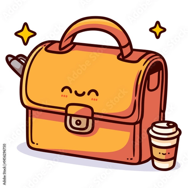 Fototapeta Happy business briefcase with cup of takeaway coffee, doodle cartoon character, kawaii isolated cute clean and simple vector illustration