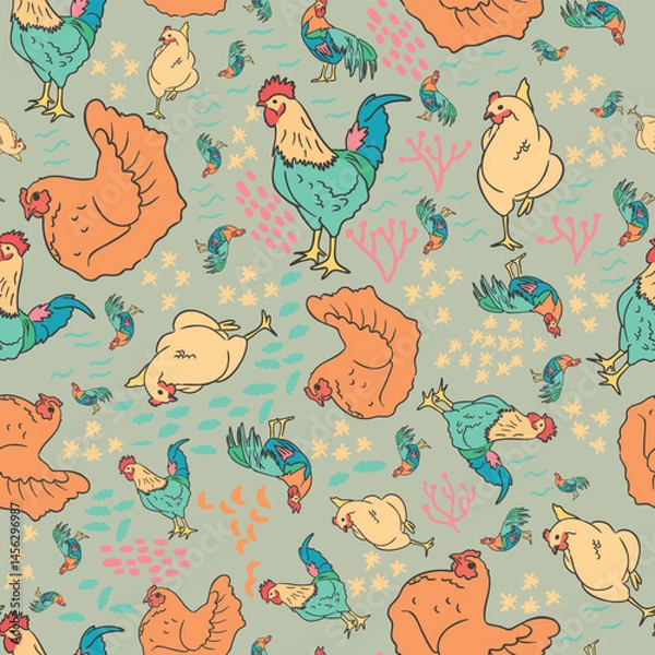 Obraz Whimsical Chicken and Rooster Vector Seamless Pattern for Farm Inspired Projects