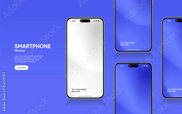 Fototapeta Realistic smartphone mockup. Mobile phone vector with isolated on white background. Device front view. 3D mobile phone with shadow. Realistic, high quality smart phone mockup for ui ux presentation.