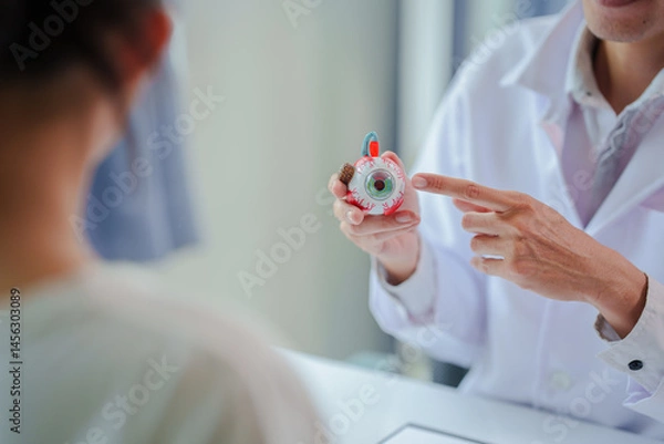 Obraz .A male doctor sits at a desk in a hospital explaining about eye diseases such as glaucoma, cataracts, pterygium, and diabetic retinopathy. Early detection can prevent vision loss.