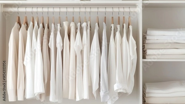 Fototapeta White t shirts are hanging on wooden hangers in a bright and minimalist wardrobe, conveying order and simplicity
