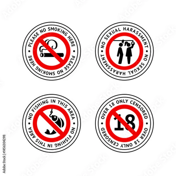 Fototapeta Prohibited label No smoking, No fishing, No sexual harassment, Over 18 only censored, forbidding sticker set