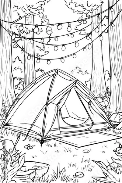 Fototapeta Light Strung Around Forest Tent, coloring book design, vector illustration