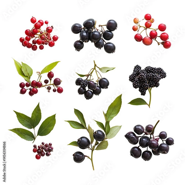 Fototapeta A collection of wild edible fruits, including huckleberries and elderberries, laid out naturally on a white background