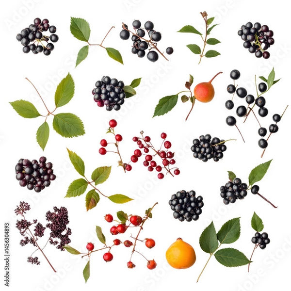 Fototapeta A collection of wild edible fruits, including huckleberries and elderberries, laid out naturally on a white background