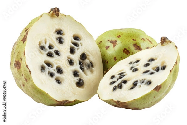 Fototapeta A cut-open cherimoya showing its creamy white flesh and large black seeds,Transparent background, PNG file