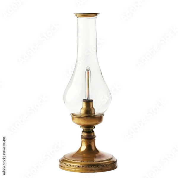 Fototapeta A 19th-century oil lamp isolated on white, with focus on the glass chimney and brass base
