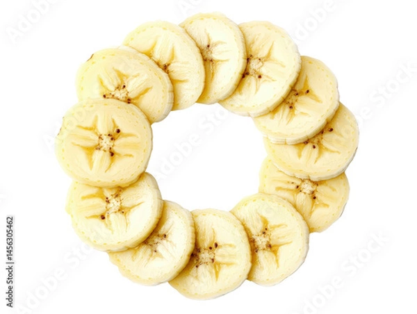 Obraz A banana sliced into thin rounds, spread evenly in a circular arrangement,Transparent background, PNG file