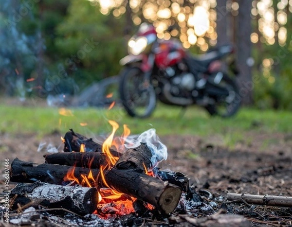 Obraz campfire with motorcycle in background at campsite