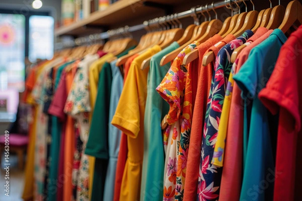 Fototapeta Variety of colorful summer dresses hanging on wooden hangers in a fashion retail store, showcasing different styles and patterns