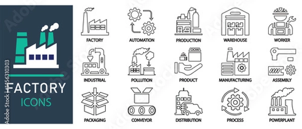 Fototapeta Factory icon set. Featuring line style symbols of production, automation, manufacturing, industrial process, warehouse, assembly, worker, packaging, conveyor, distribution, power plant.