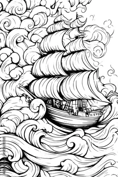 Fototapeta Traditional Sailor Motifs With Waves, coloring book design, vector illustration