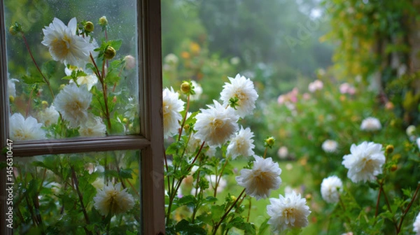 Obraz Window opening up to garden full of white dahlia flowers, creating serene and peaceful atmosphere. soft rain adds refreshing touch to vibrant greenery