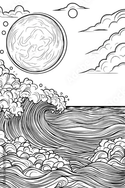 Fototapeta Waves Crashing Near Rocky Shore, coloring book design, vector illustration