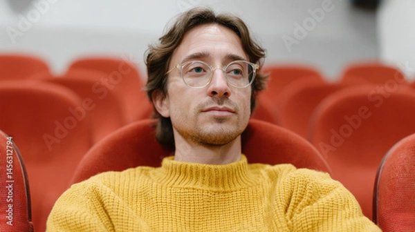 Obraz Man in a yellow sweater sitting in a movie theater.