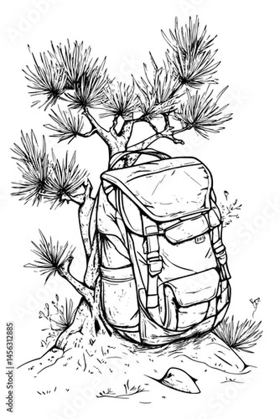 Obraz Backpack Leaning On Pine Tree, coloring book style, vector graphic