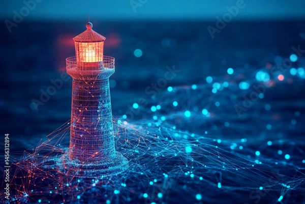 Obraz Luminous lighthouse standing tall amidst a digital network glowing in the dark ocean