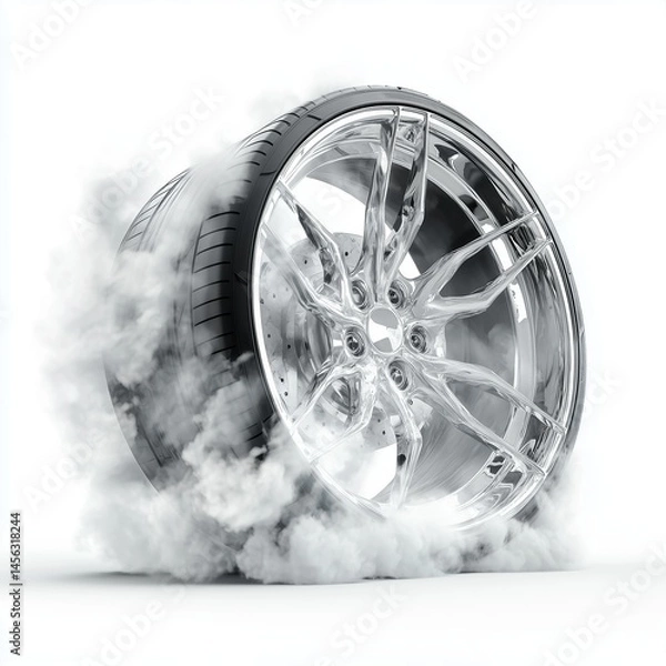 Fototapeta Car Auto Tire with Smoke and Flames, Racing Performance Product..