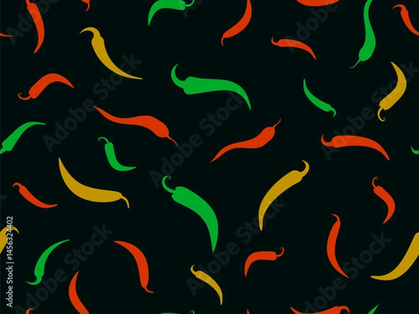 Fototapeta Seamless vector pattern featuring spicy capsicum silhouettes. Repeating chili pepper shapes on a black background. Great for food design, wrapping paper, textiles, labels, and prints