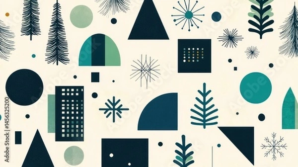 Fototapeta Abstract geometric pattern with stylized christmas trees, shapes, and snowflakes.