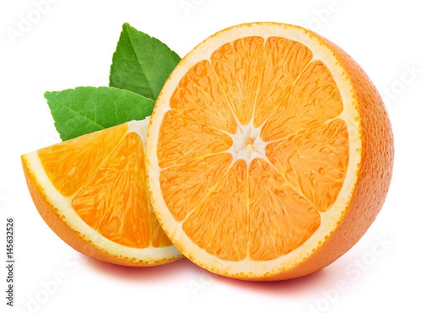 Fototapeta Perfectly retouched half of the orange with slice and leaves isolated on white background with clipping path