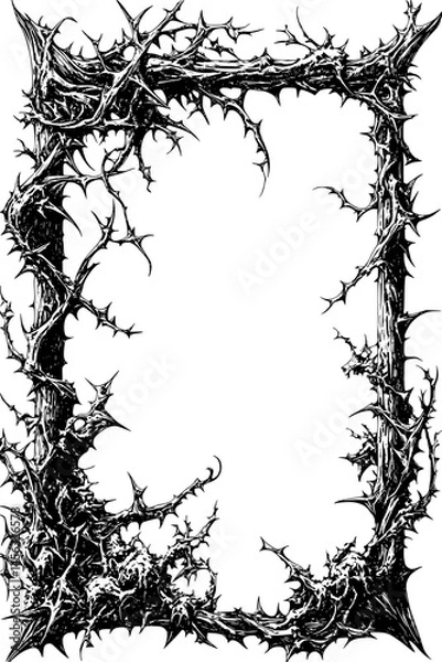 Fototapeta Baroque Frame With Thorn Vines, coloring book style, vector illustration art