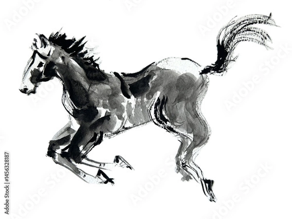 Obraz 年賀状 デザイン用　走る馬の手書き和風筆イラスト