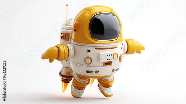 Fototapeta Cute Retro Yellow Robot Astronaut with Jetpack Flying in Space