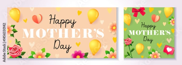 Fototapeta Happy Mothers Day beautiful cards with spring flowers, hearts and womens accessories. Best Mom Ever creative typography banners set with flowers. Vector illustration