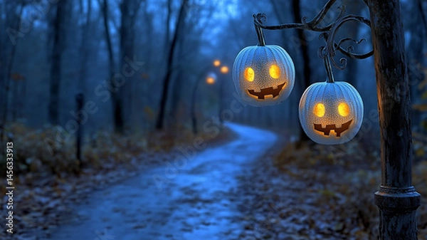 Fototapeta Glowing jack-o'-lanterns on a misty forest path during Halloween night. Rain-drenched pumpkins and eerie blue light create a haunting fall atmosphere.