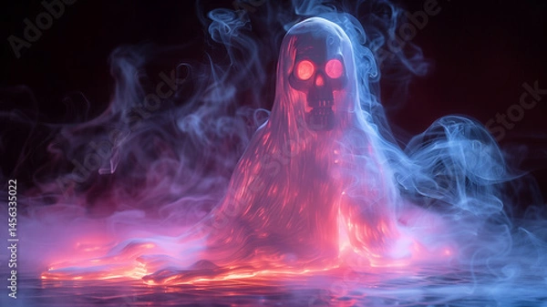Fototapeta Mysterious ghostly figure with glowing skull emerging from vibrant smoke, perfect for horror or fantasy themes.
