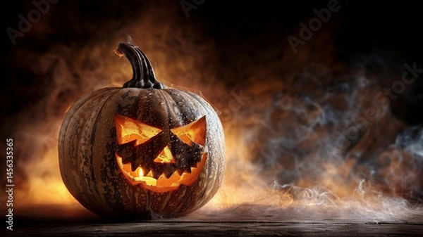 Fototapeta Scary glowing Halloween pumpkin with carved face on smoky wooden table. Jack-o'-lantern in dark spooky atmosphere.