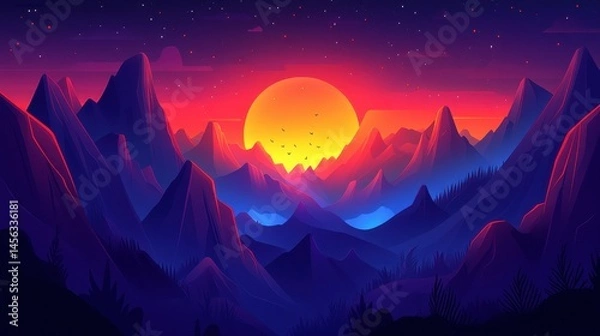 Obraz Pixelated sunset view over mountain ranges nostalgic videogame s
