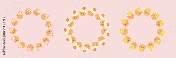 Fototapeta Collection of cupcake circle frames in flat style on pink background. Cute cartoon cupcakes with cream, strawberries, hearts and sprinkles. Perfect dessert borders for bakery designs, birthday cards, 