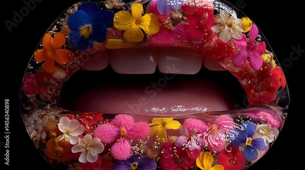 Fototapeta Lips Made of Resin and Colorful Encapsulated Flowers