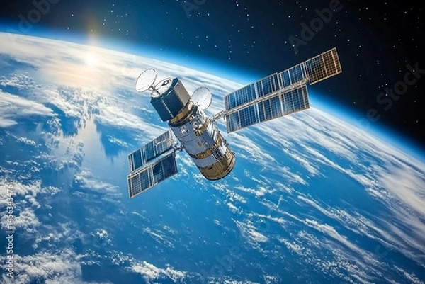 Obraz Satellite orbiting Earth solar panels deployed sun shining on clouds and ocean