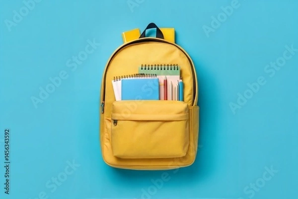 Fototapeta Back to school concept. Yellow backpack filled with school supplies such as notebooks and pens. Isolated on a blue background.